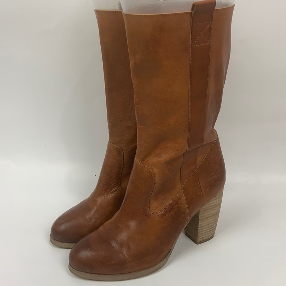 Anthropology Antelope Mid Calf Boots Cognac Brown size 7 slouchy block heel